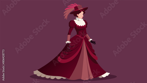 A stately Victorian gown in deep burgundy with a bustle and lace trim paired with operalength gloves and a small hat with feathers.. Vector illustration