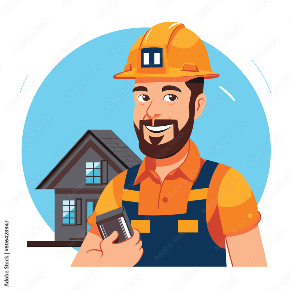 Male construction worker smiling, wearing hard hat, holding blueprint, standing before house illustration. Cartoon builder professional, confident pose, safety helmet, facial hair, blue collar job