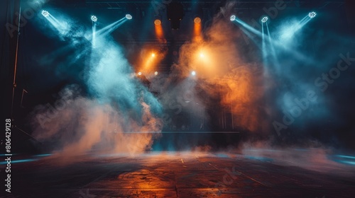 Photo of empty stage with spotlights, smoke and light effects. © DWN Media