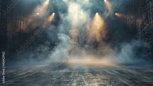Photo of empty stage with spotlights  smoke and light effects.