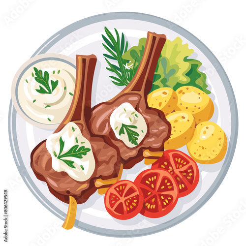 A plate of food Padakia Greek-Style Lamb Chops with potatoes, and tomatoes