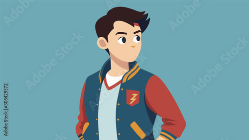 A teenage boy proudly modeling a vintage varsity jacket finding a unique way to express his personal style..