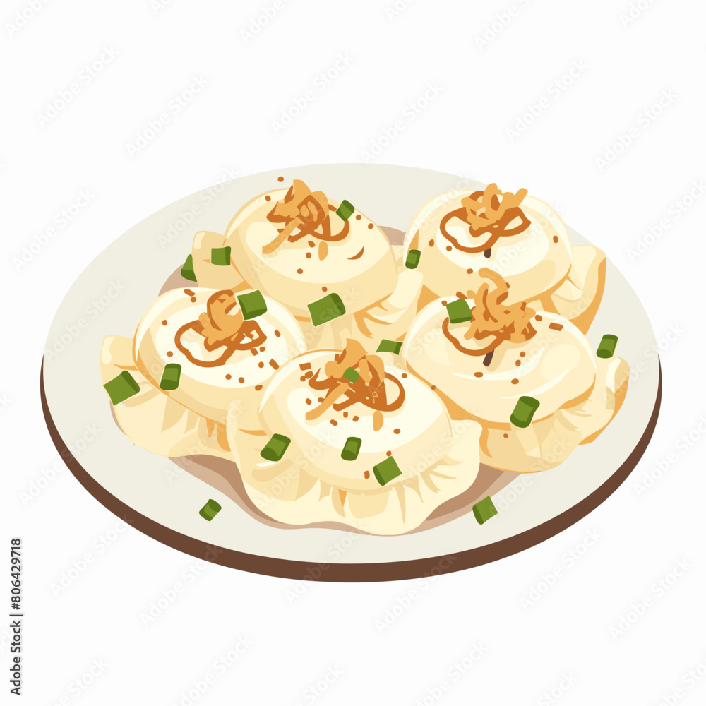 A plate of food Pierogi with a white plate. The food is a type of dumpling with a green garnish A plate of food Pierogi with a white plate. The food is a type of dumpling with a green garnish