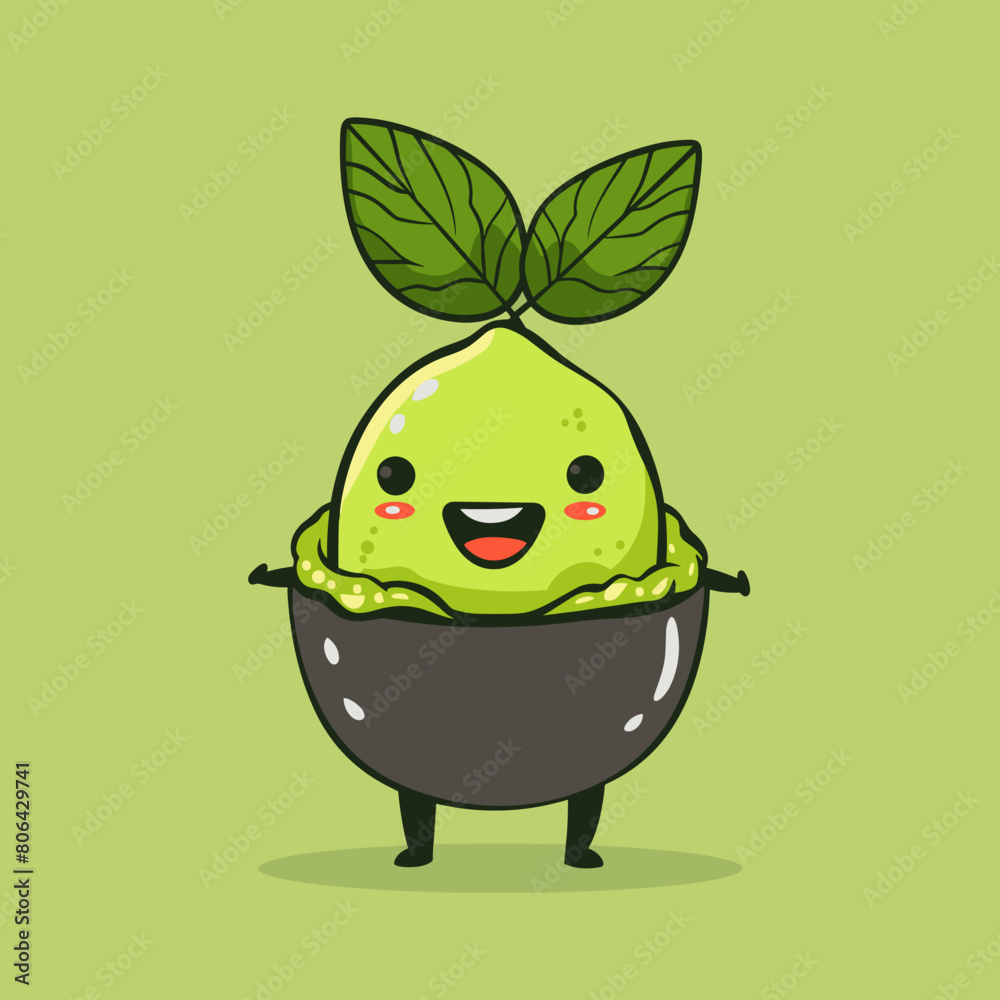 A cartoon character is holding a bowl of Wasabi . The character is smiling and he is happy