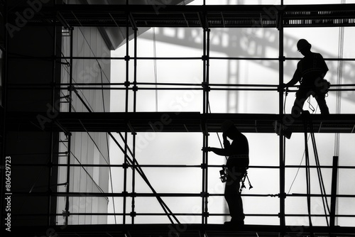 Silhouette of two workers on scaffolding, in a modern building interior background, in black and white photography, with high contrast, sharp focus on the figures against the backdrop of glass window.