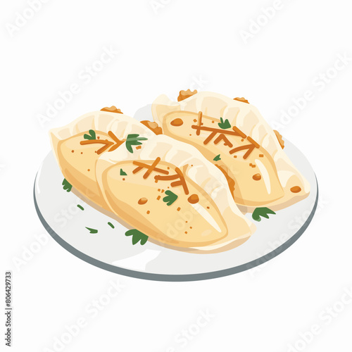 A plate of food with four Pierogi on it. The dumplings are covered in parsley and sprinkled with cheese