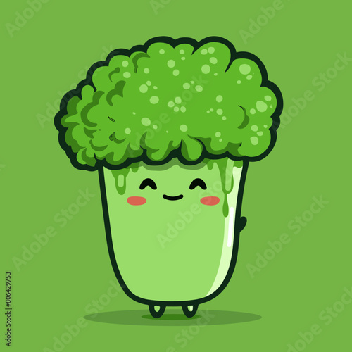A cartoon broccoli with a green stem and a green top. The broccoli is smiling and has a happy expression