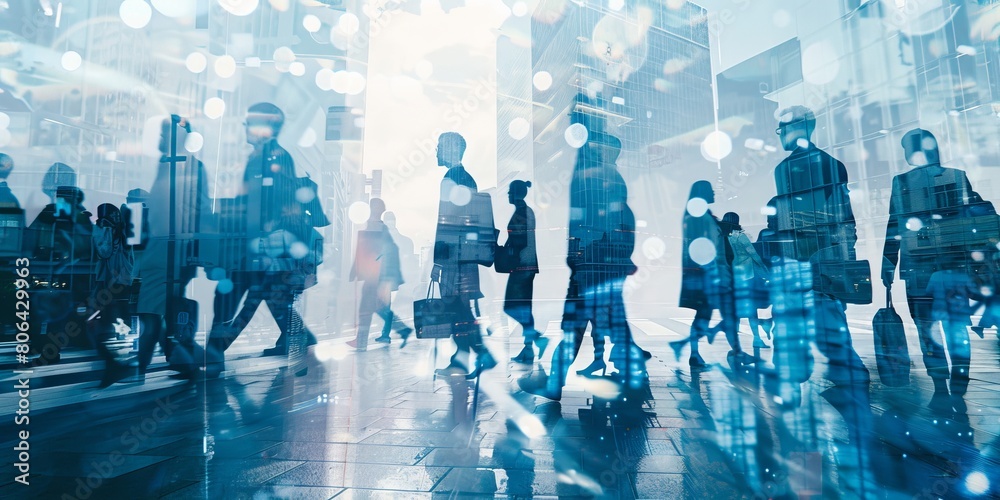 business people walking in the city, with a double exposure effect and a blue and white color theme, with a blurred background of office buildings and skyscrapers. business people walking in the city, with a double exposure effect and a blue and white color theme, with a blurred background of office buildings and skyscrapers.