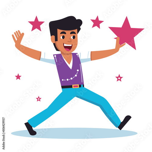 Cartoon man dancing happily, retro style dancer, joyful expression, performing, vibrant colors, entertainment. Male cartoon character black hair, energetic dance move, holding pink star, stars