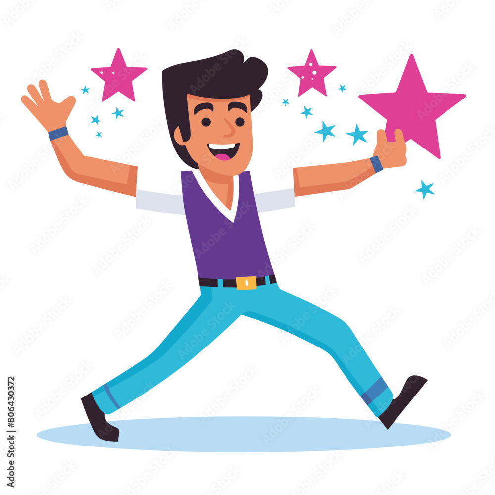 Young adult male cartoon character dancing joyfully, holding star. Animated man displays happiness, success wearing casual clothes. Dance move celebration stylized graphic, vibrant colors isolated
