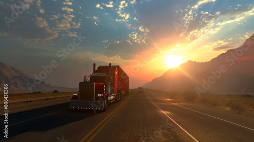 Traditional American semi truck driving on the highway.