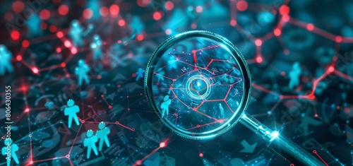 Artwork more resembles a magnifying glass with a target icon on a blue background and social network connections of people icons in a top view.