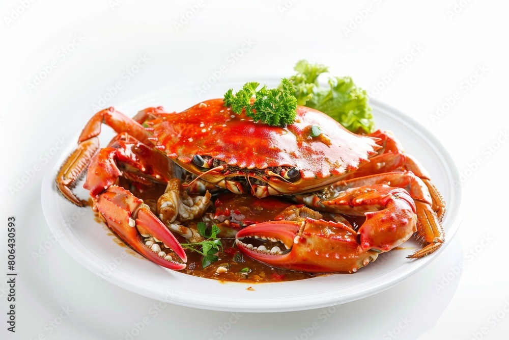 A plate of chili crab, in the style of food photography, white background.