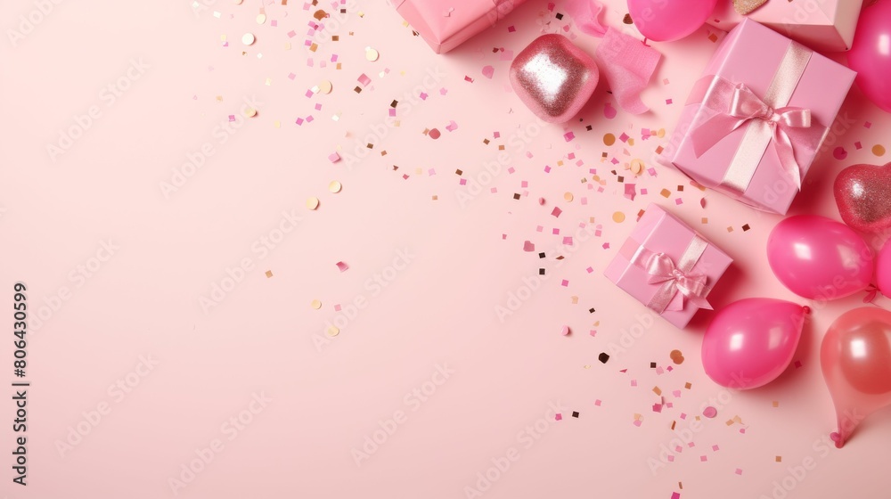 Pink and Gold Confetti and Balloons on Pink Background