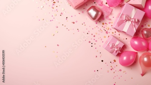 Pink and Gold Confetti and Balloons on Pink Background