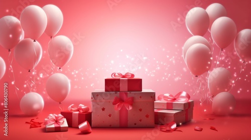 Red Background With Balloons and Presents