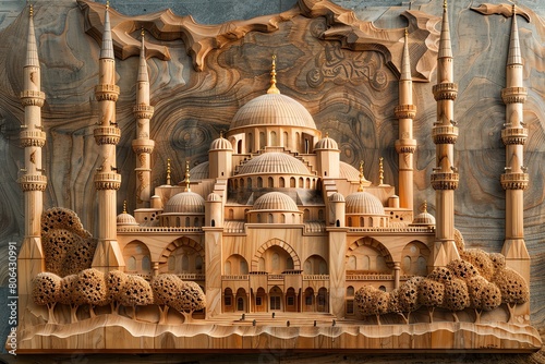 A spiritual and architectural carving of Istanbul s Blue Mosque, with its cascading domes and minarets photo