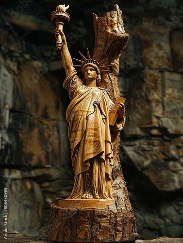 A wood sculpture of the Statue of Liberty, torch held high, carved from oak photo