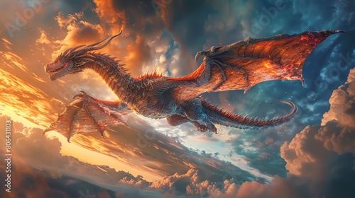 Craft a stunning image of a majestic dragon in flight from a low-angle view, with iridescent scales gleaming under the sunlight, against a vivid, dramatic sky Utilize digital rendering techniques for
