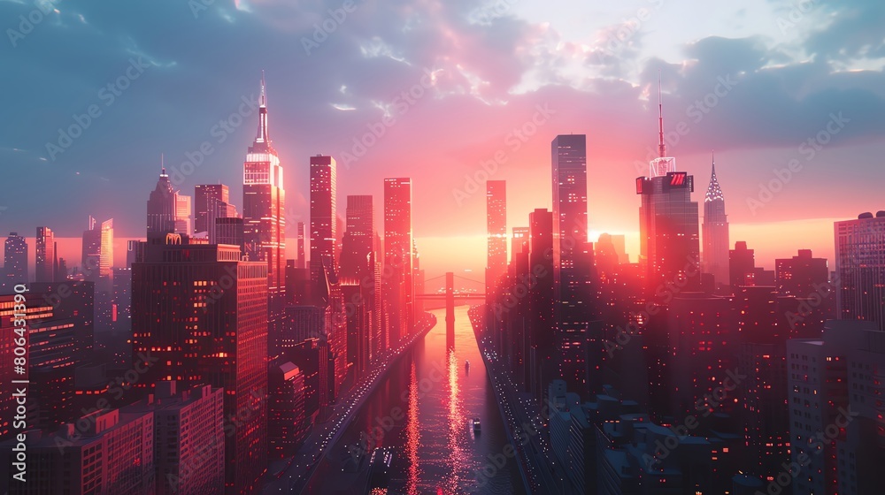 Create a striking 3D rendering of a futuristic city skyline at dusk Use CG techniques to showcase the buildings bathed in contrasting light, casting long shadows in a front-facing split-lighting compo Create a striking 3D rendering of a futuristic city skyline at dusk Use CG techniques to showcase the buildings bathed in contrasting light, casting long shadows in a front-facing split-lighting compo