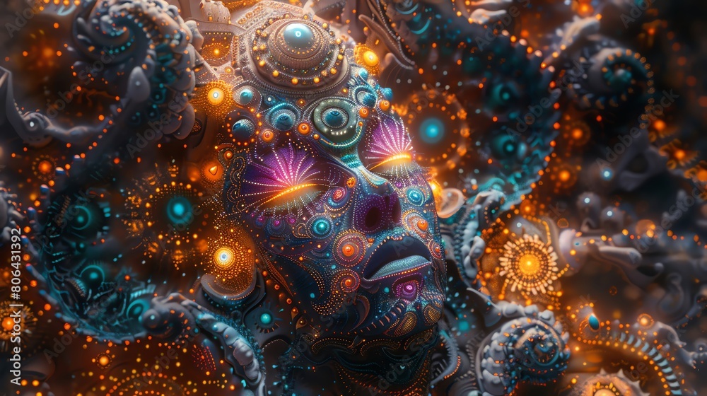 Create a mesmerizing DMT-inspired digital piece with intricate details and psychedelic colors, featuring geometric patterns and transcendental motifs that transport the viewer to another dimension