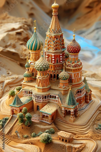 The intricate details of St Basils Cathedral in Moscow rendered in colorful sand photo
