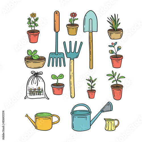 Colorful gardening tool doodles potted plants set. Hand drawn garden equipment flowerpots illustration, isolated white background. Garden shovel, fork, watering cans, seedling, flowers, herbs