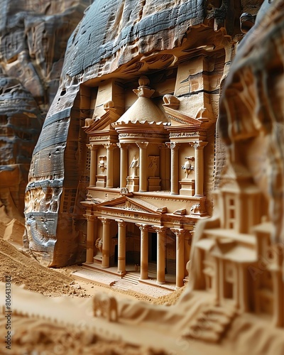 The ancient ruins of Petra, Jordan, carved into a sandstonecolored sand display photo