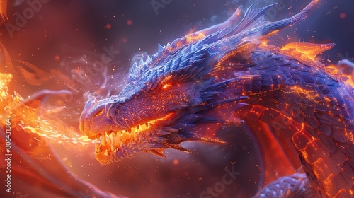 Create a digital rendering of a majestic dragon in side view, breathing vibrant, incandescent flames Use pixel art techniques to capture the intricate scales and glowing embers, photo