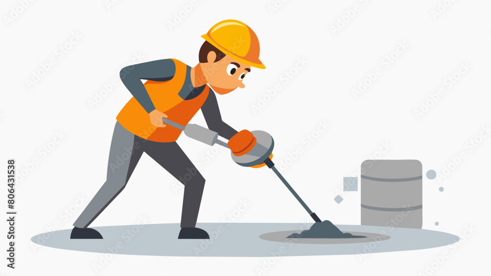 A worker using a power trowel to smooth the concrete its loud engine drowning out any other sounds on the construction site.. Vector illustration A worker using a power trowel to smooth the concrete its loud engine drowning out any other sounds on the construction site.. Vector illustration