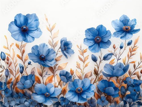 Watercolor blue flowers backdrop. Beautiful delicate wildflower decoration  hand painted watercolor flower background illustration. Blue aesthetic watercolor flower wall paper