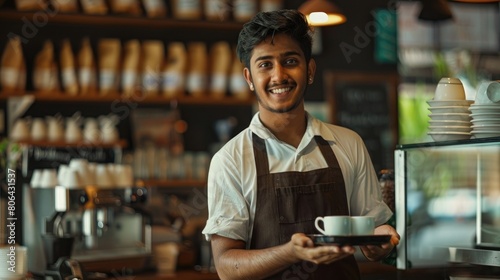 Young indian man in apron standing with tray of cups smiling looking at camera in cafe