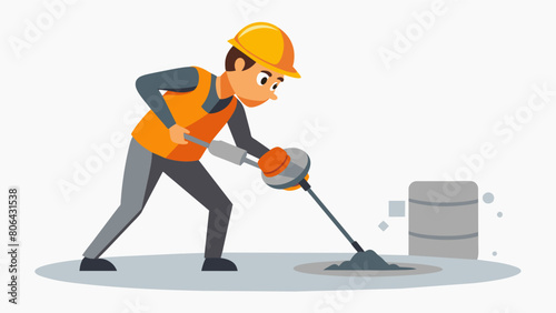 A worker using a power trowel to smooth the concrete its loud engine drowning out any other sounds on the construction site.. Vector illustration
