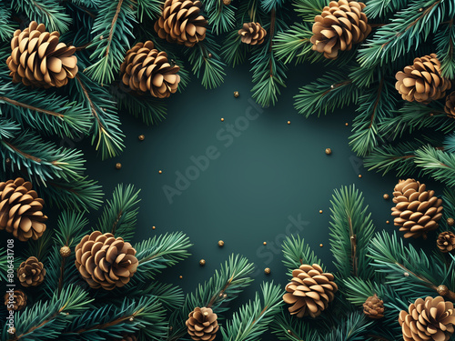 Xmas fir tree branches background. Christmas spruce branches with cones cozy winter holidays background. Xmas tree pine branches backdrop with copy space photo