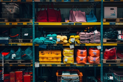 A store shelf with many different colored bags and clothes. The colors are bright and the items are neatly arranged photo