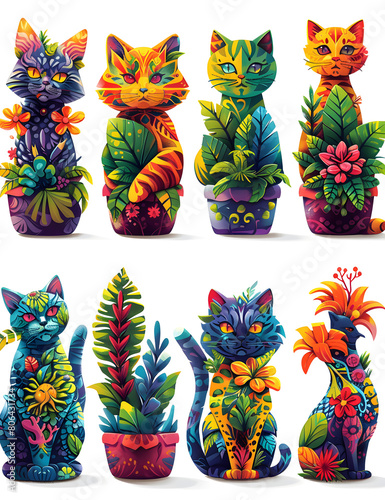 Various small to mediumsized cats adorned with potted plants in colorful hues photo