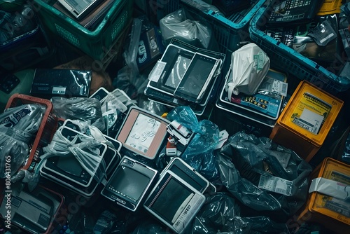 A pile of trash with a lot of plastic bags and a few boxes. The trash is scattered all over the place
