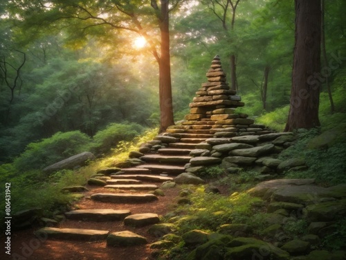  Forest Sanctuary  Dusk s Glow on Pathway with Serene Stone Cairn 