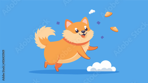 With a wagging tail a fluffy Pomeranian pounces on the training apps flying treats mastering the art of catching on the first try.. Vector illustration