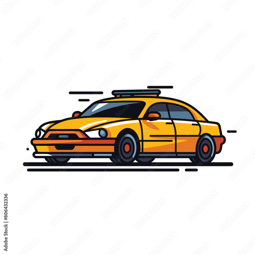 Yellow taxi distinctive style cartoon illustration. Vibrant colors modern taxi design, sleek sedan vehicle against isolated white background. Stylized city transport, cab car representation
