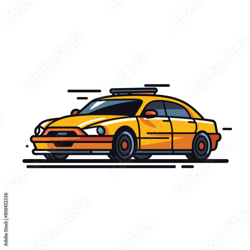 Yellow taxi distinctive style cartoon illustration. Vibrant colors modern taxi design  sleek sedan vehicle against isolated white background. Stylized city transport  cab car representation