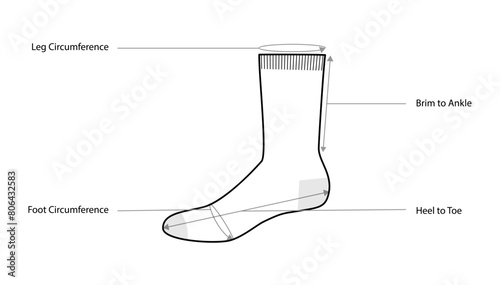 Diagrams of mens sock measurements with text names. Hosiery Fashion accessory clothing technical illustration stocking. Vector front, side view style, flat template CAD mockup sketch isolated photo