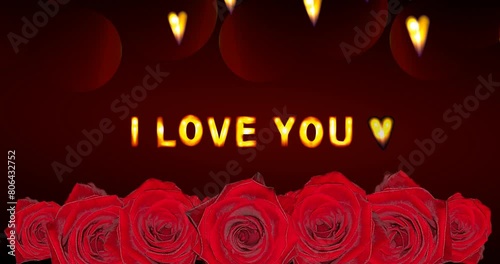 Animation with gold hearts, red roses and text. I love you. Bright animation for holidays. Romantic background with glowing hearts. Background for lovers. Beautiful animation.