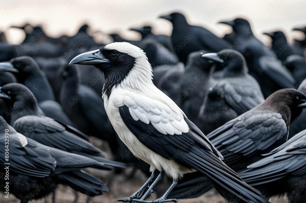 Fototapeta premium Black and white crow stands in a flock among black crows. Close-up of a crow. Portrait of a vulture in a group of birds