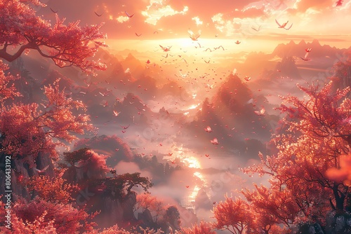 Illustrate an enchanting scene using CG 3D rendering  showcasing mythical phoenixes dancing in the sky as they explore a virtual reality world filled with romance and adventure Your attention to detai