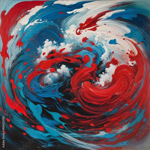 An abstract painting with red, white, and blue colors. It features a swirling vortex of energy with white and black at its center. photo