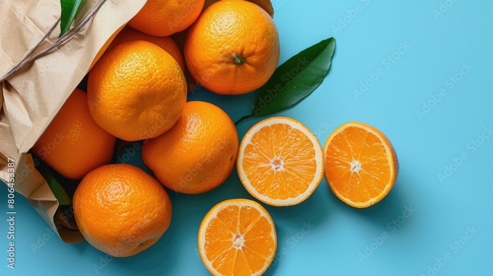 fresh oranges put in a paper bag on a light blue background fresh oranges put in a paper bag on a light blue background