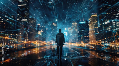 Businessman walking to digital world which full of data network and wires, Represent digital world of technology big data innovation business investment, Business and technology AI concept, Cyberpunk #806433331