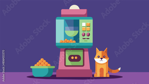 A smart treat dispenser that dispenses portioned nutrientrich snacks based on a pets activity levels and unique nutritional requirements helping them. Vector illustration