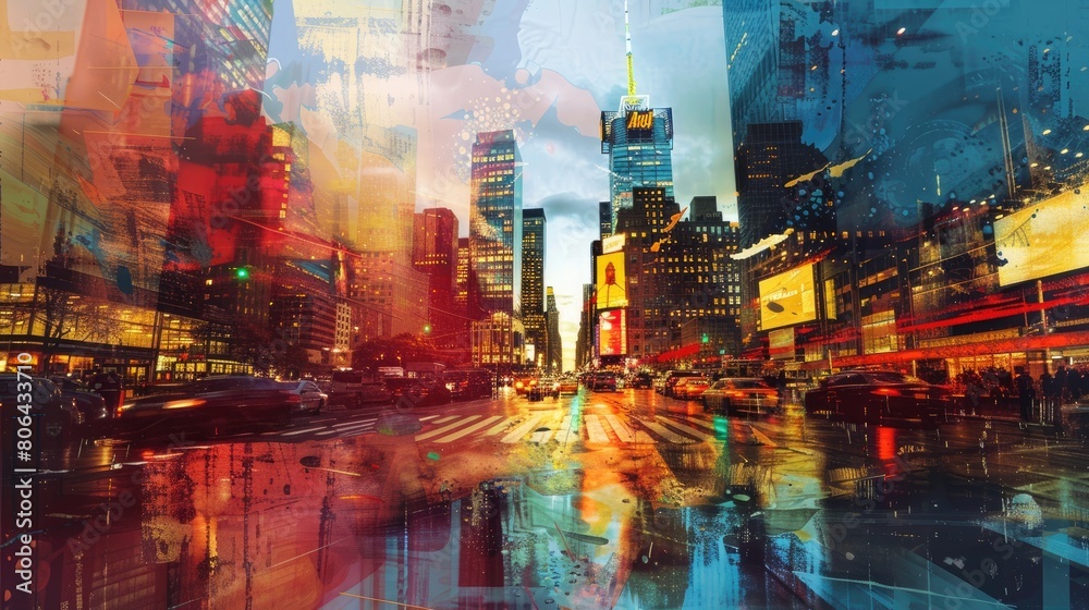 bstract cityscape painting with vibrant colors depicting New York